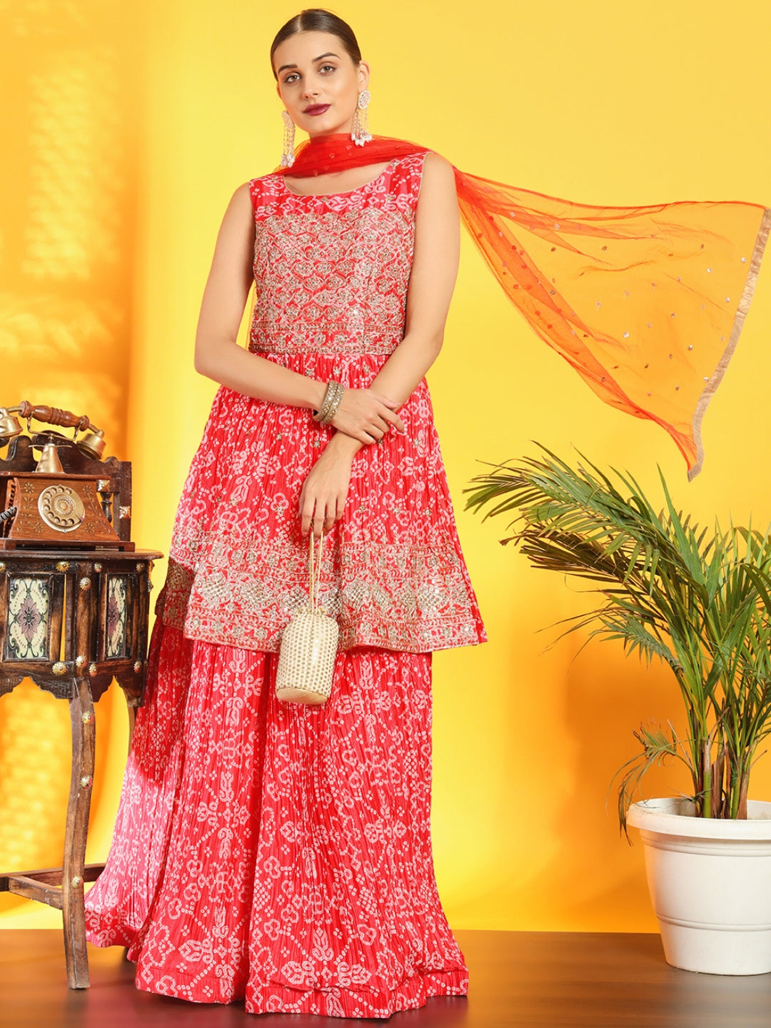 Chhabra 555 Bandhani Print Pleated Lehenga with Peplum Embroidered Kurta & Sequinned Dupatta