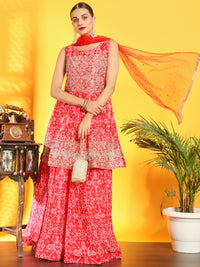 Chhabra 555 Bandhani Print Pleated Lehenga with Peplum Embroidered Kurta & Sequinned Dupatta