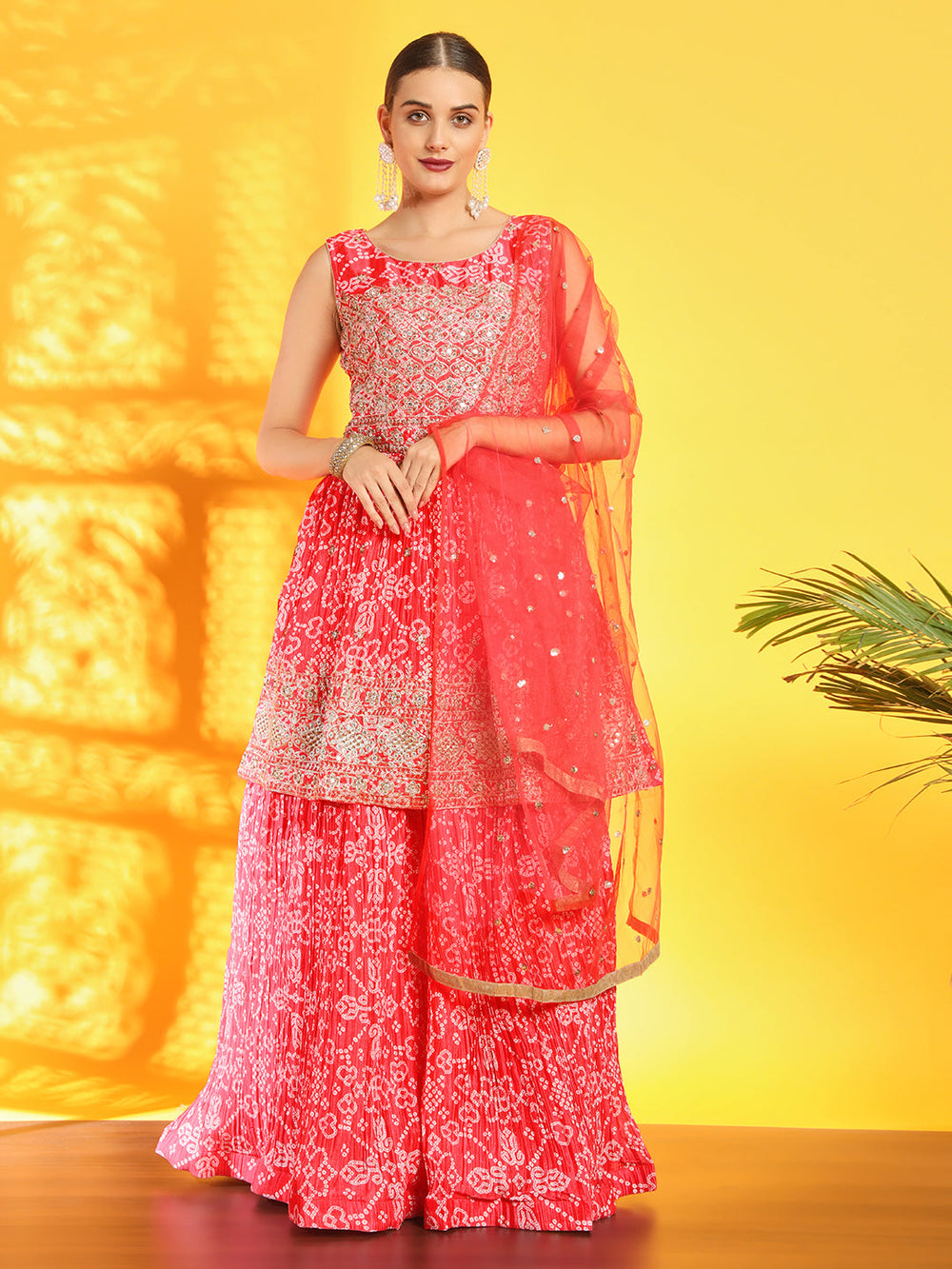 Chhabra 555 Bandhani Print Pleated Lehenga with Peplum Embroidered Kurta & Sequinned Dupatta