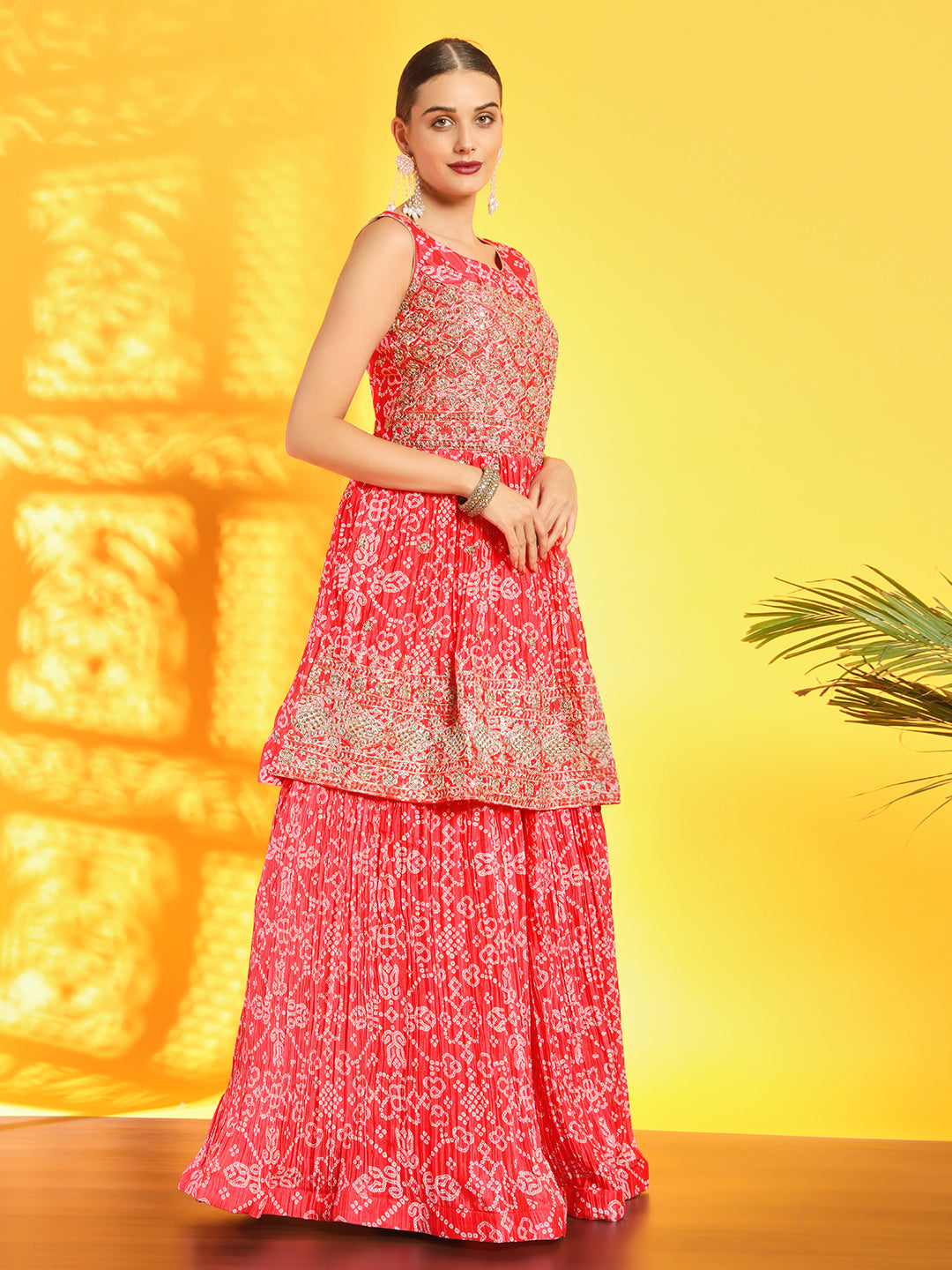 Chhabra 555 Bandhani Print Pleated Lehenga with Peplum Embroidered Kurta & Sequinned Dupatta