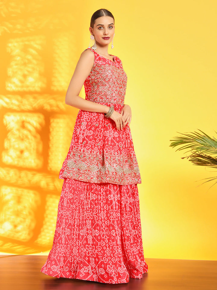 Chhabra 555 Bandhani Print Pleated Lehenga with Peplum Embroidered Kurta & Sequinned Dupatta