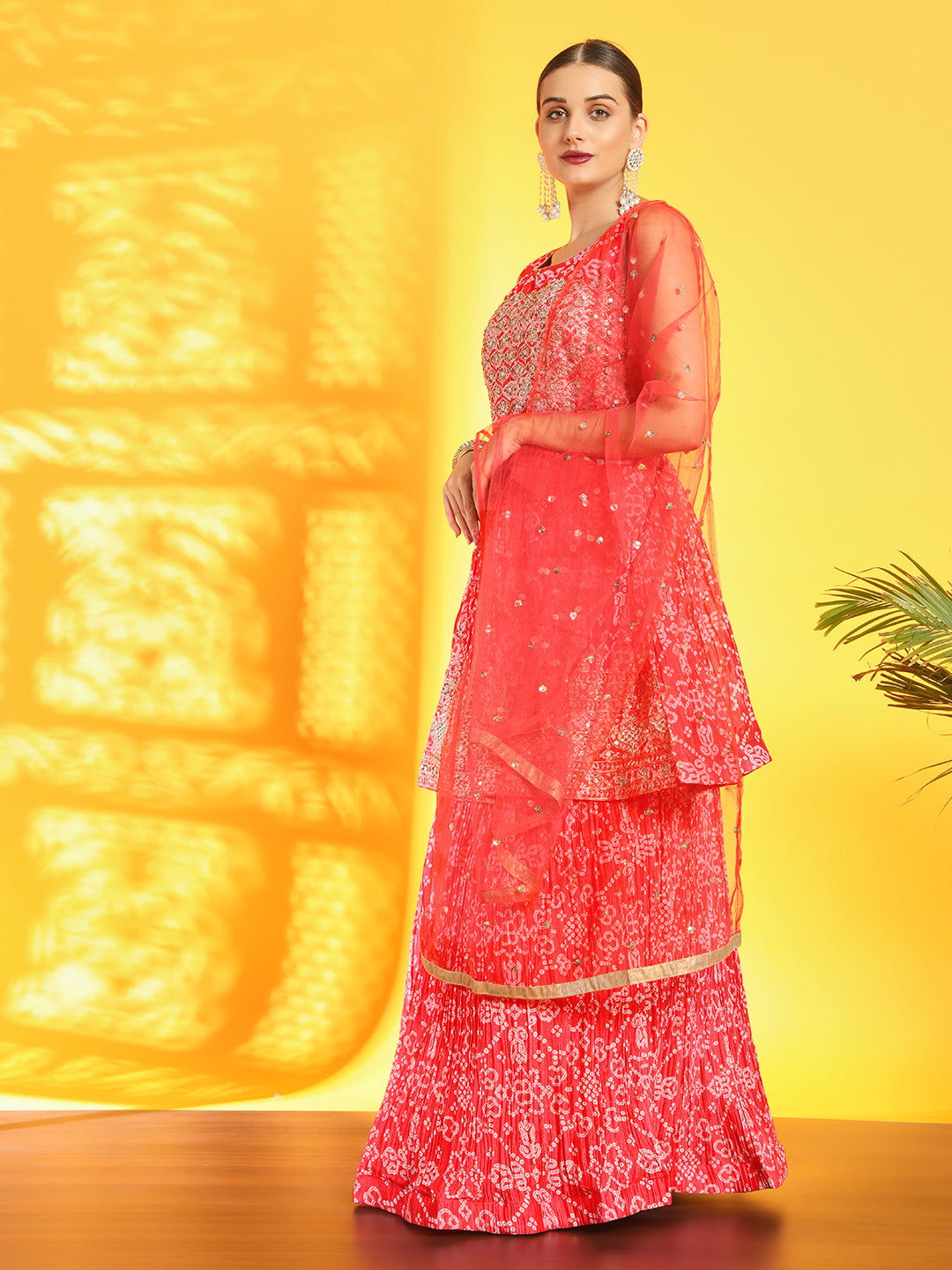 Chhabra 555 Bandhani Print Pleated Lehenga with Peplum Embroidered Kurta & Sequinned Dupatta
