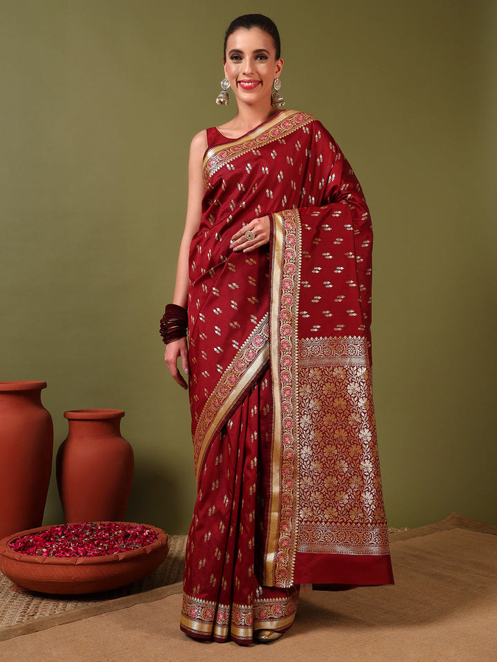 Banarasi Zari Woven Traditional Handloom Silk Saree with Intricate Floral Motifs