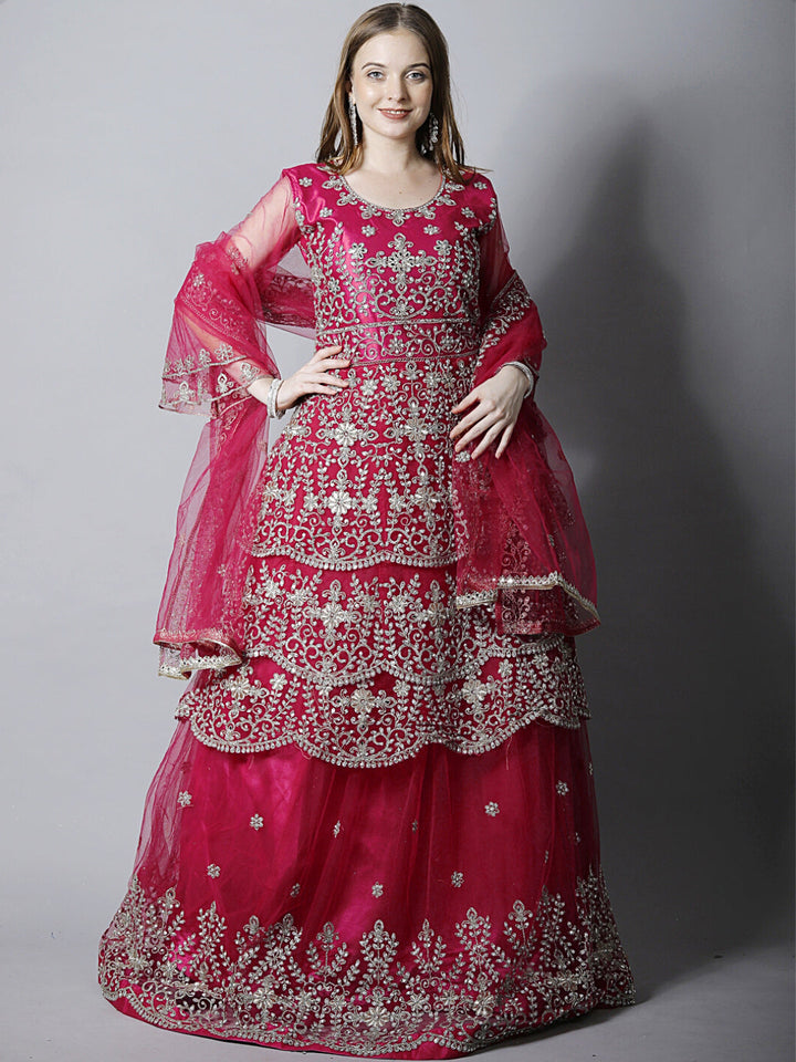 Magenta Pink Zari Bridal Layered Flared Kurta Lehenga & Dupatta