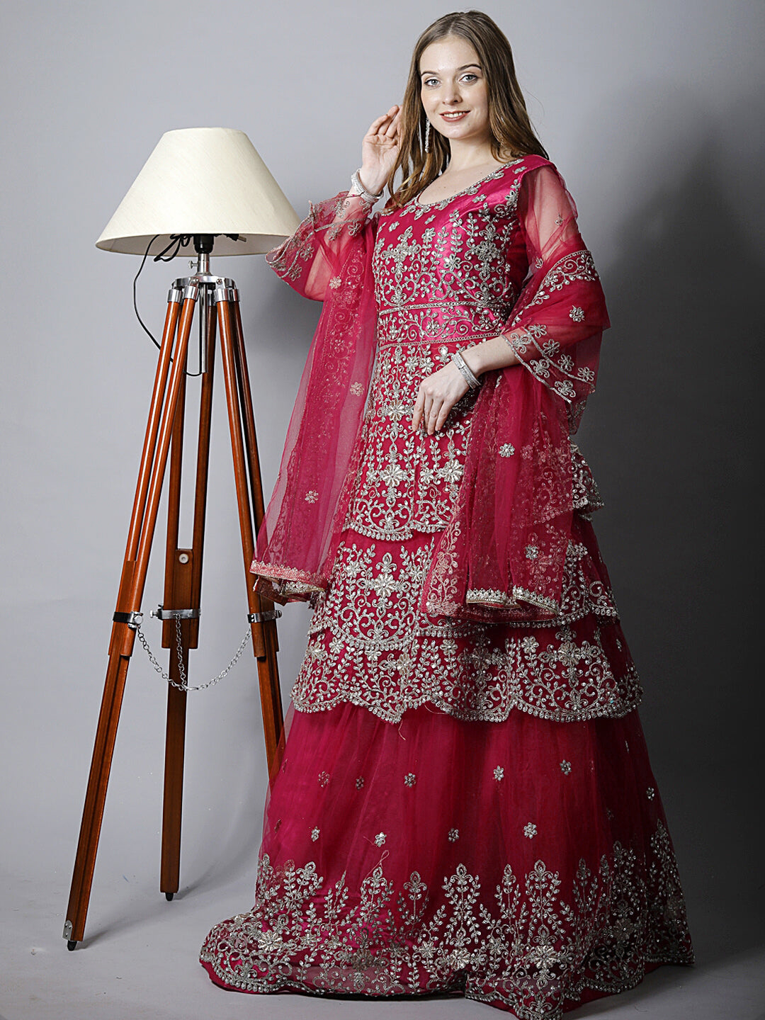 Magenta Pink Zari Bridal Layered Flared Kurta Lehenga & Dupatta
