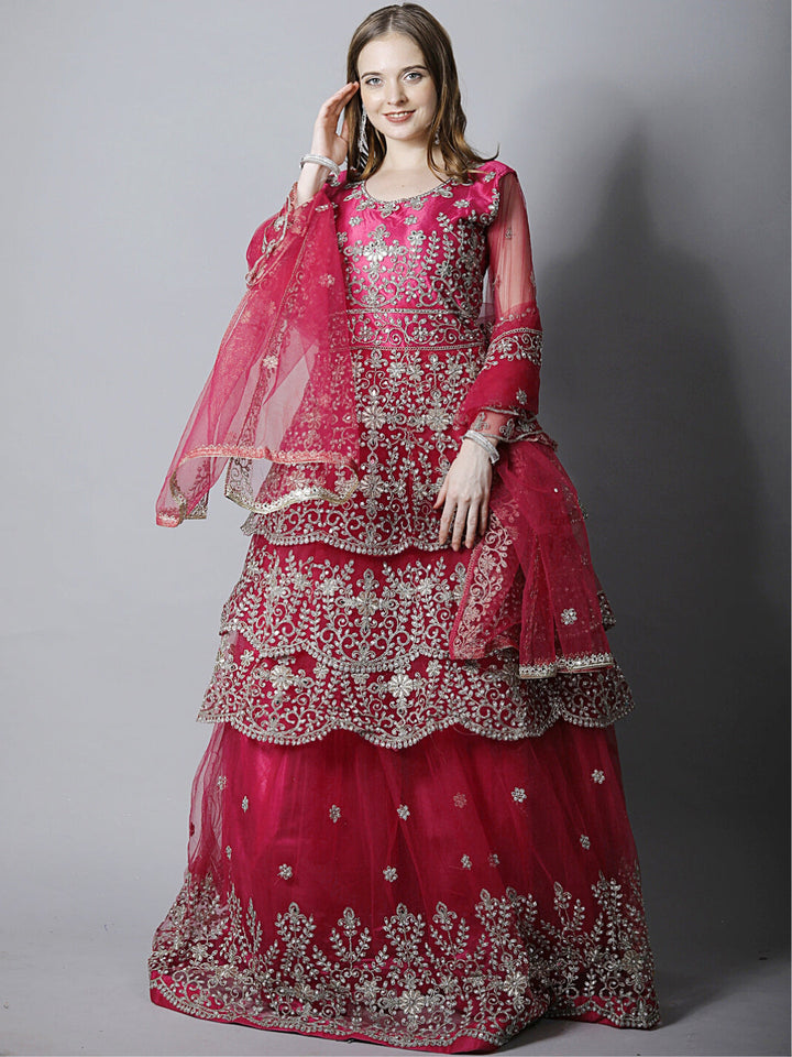 Magenta Pink Zari Bridal Layered Flared Kurta Lehenga & Dupatta