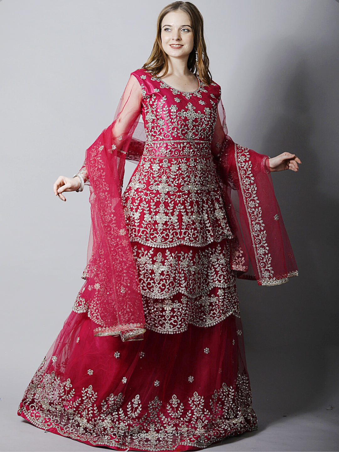 Magenta Pink Zari Bridal Layered Flared Kurta Lehenga & Dupatta