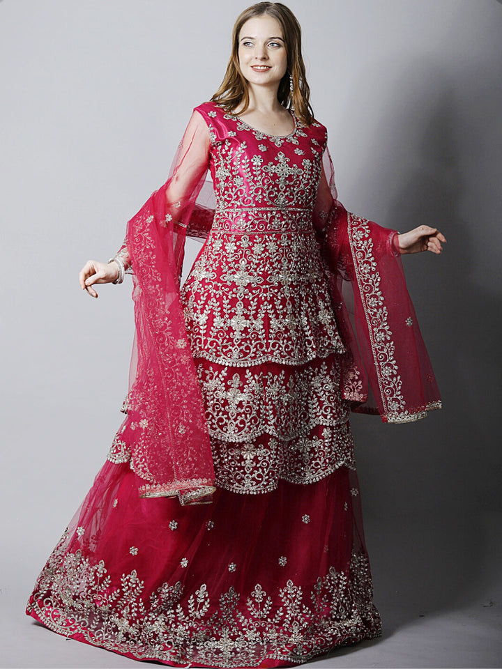 Magenta Pink Zari Bridal Layered Flared Kurta Lehenga & Dupatta