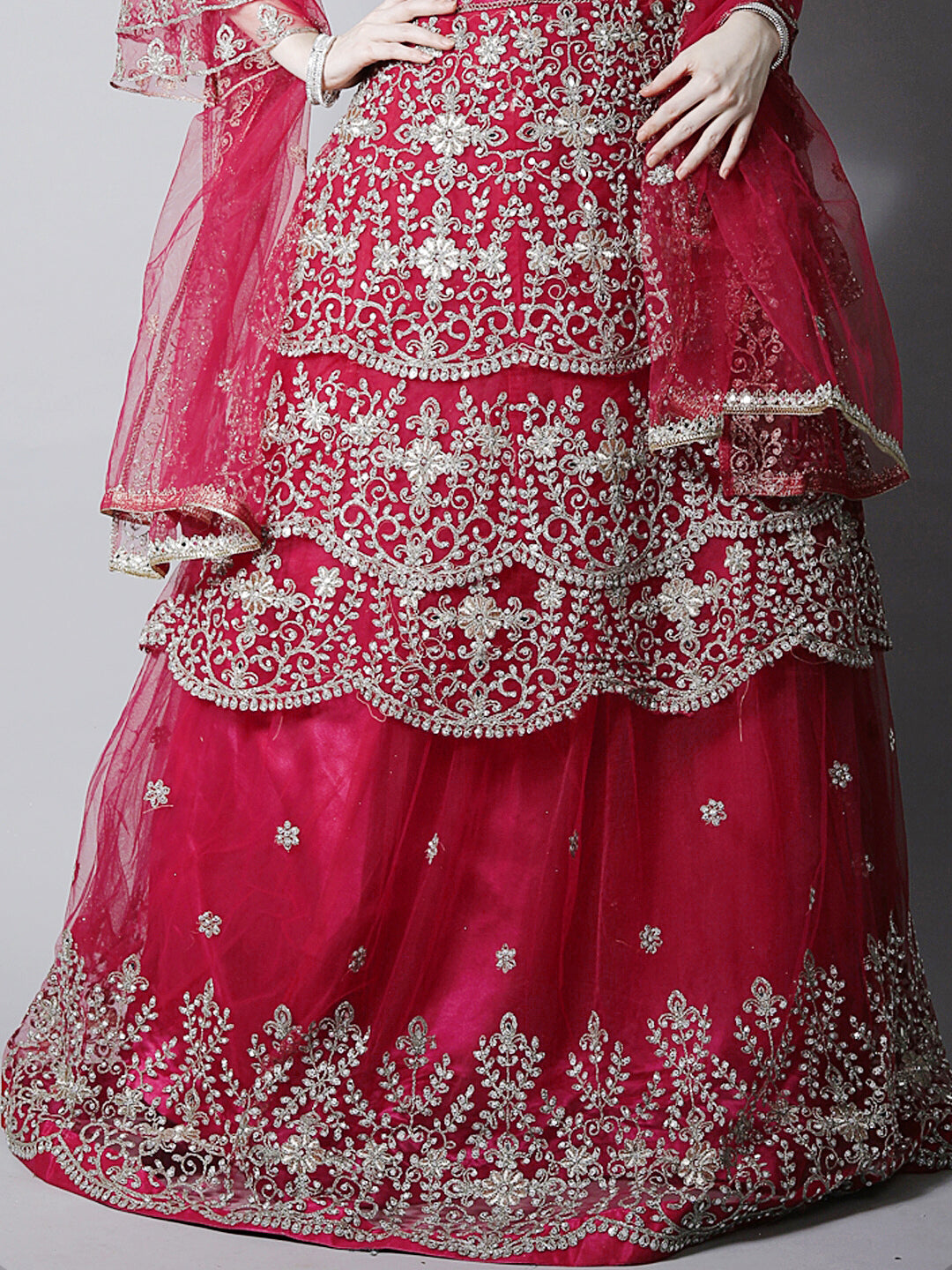 Magenta Pink Zari Bridal Layered Flared Kurta Lehenga & Dupatta