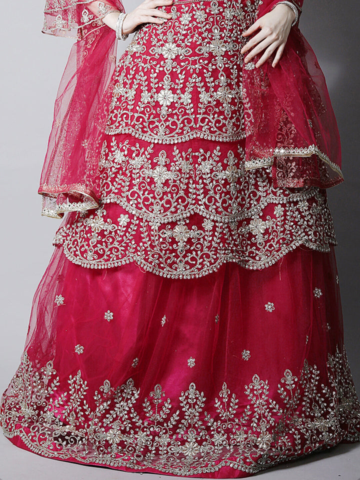 Magenta Pink Zari Bridal Layered Flared Kurta Lehenga & Dupatta