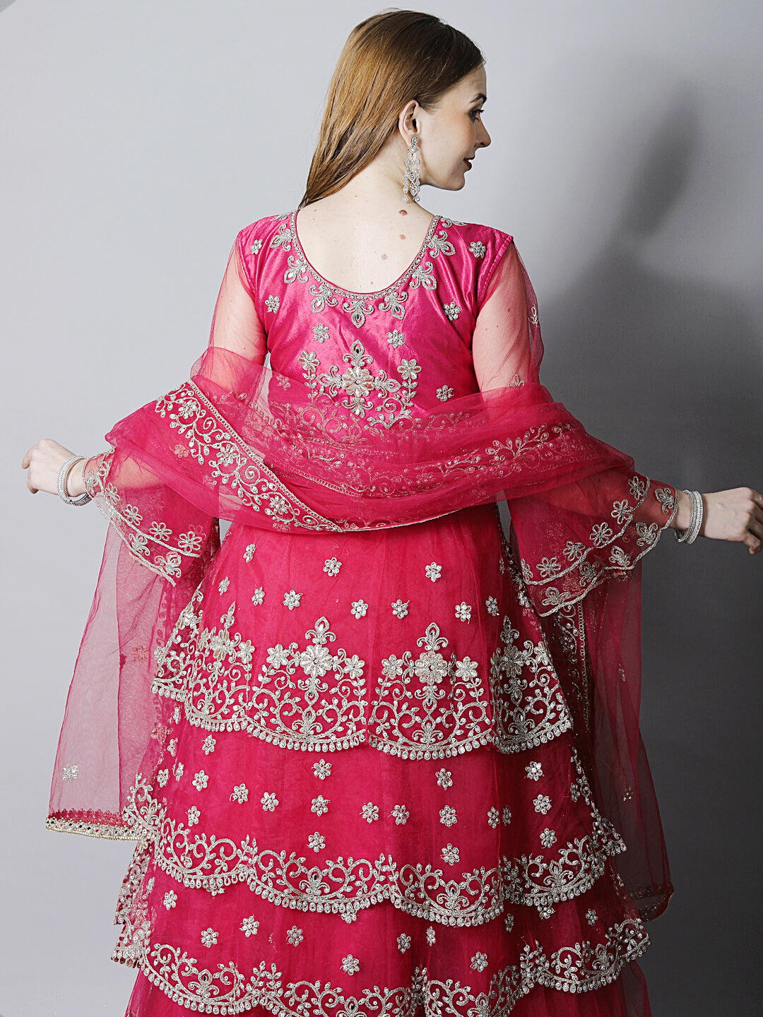 Magenta Pink Zari Bridal Layered Flared Kurta Lehenga & Dupatta