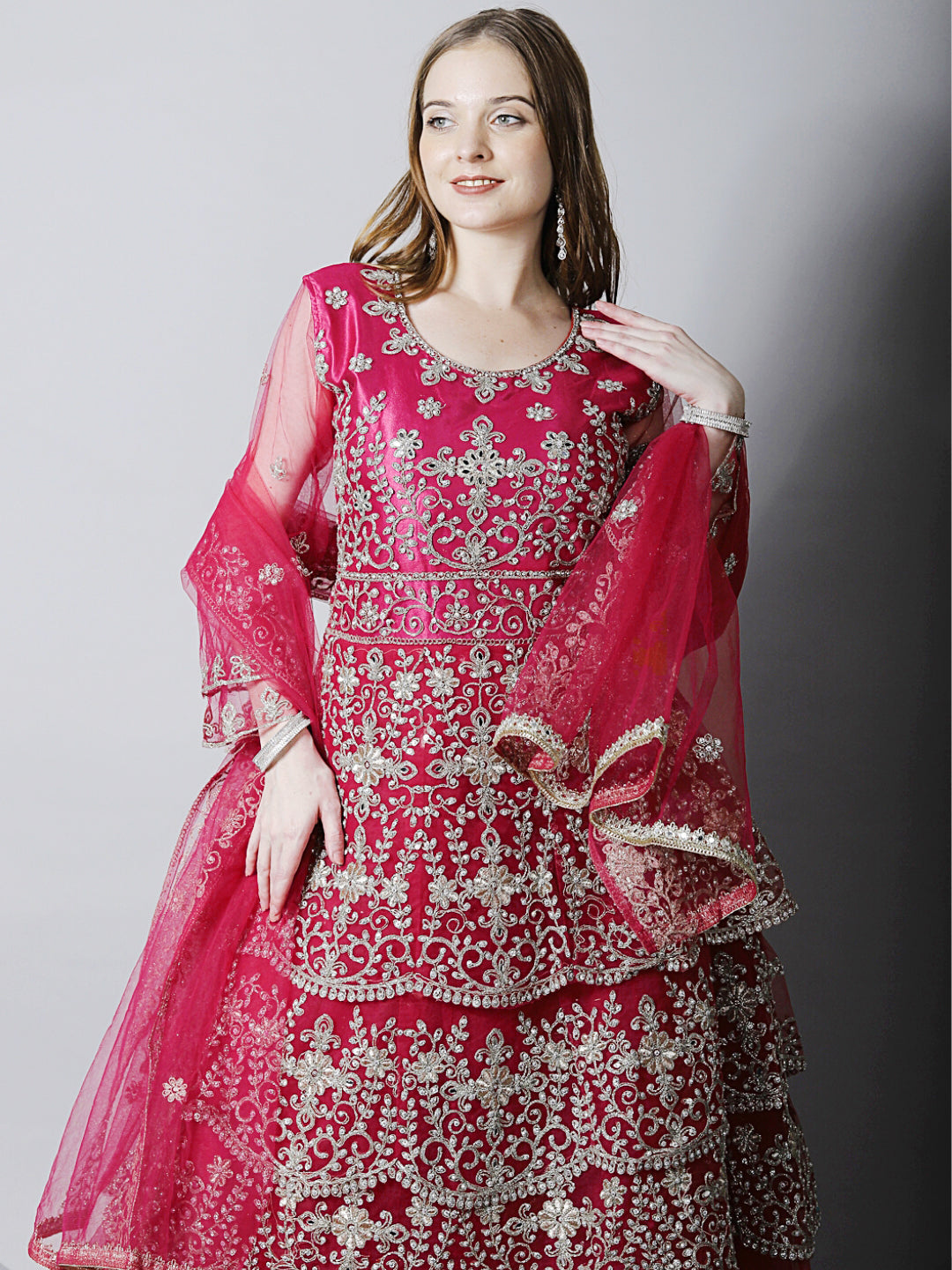 Magenta Pink Zari Bridal Layered Flared Kurta Lehenga & Dupatta