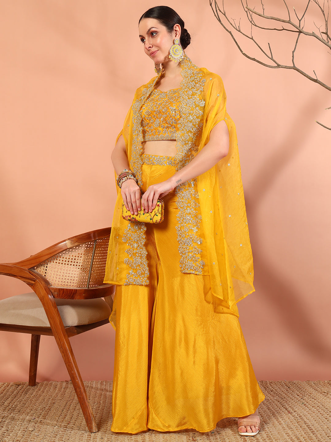 Chhabra 555 Haldi Yellow Crop-Top Palazzo Set with Embroidered Scalloped Shrug & intricate Zari work