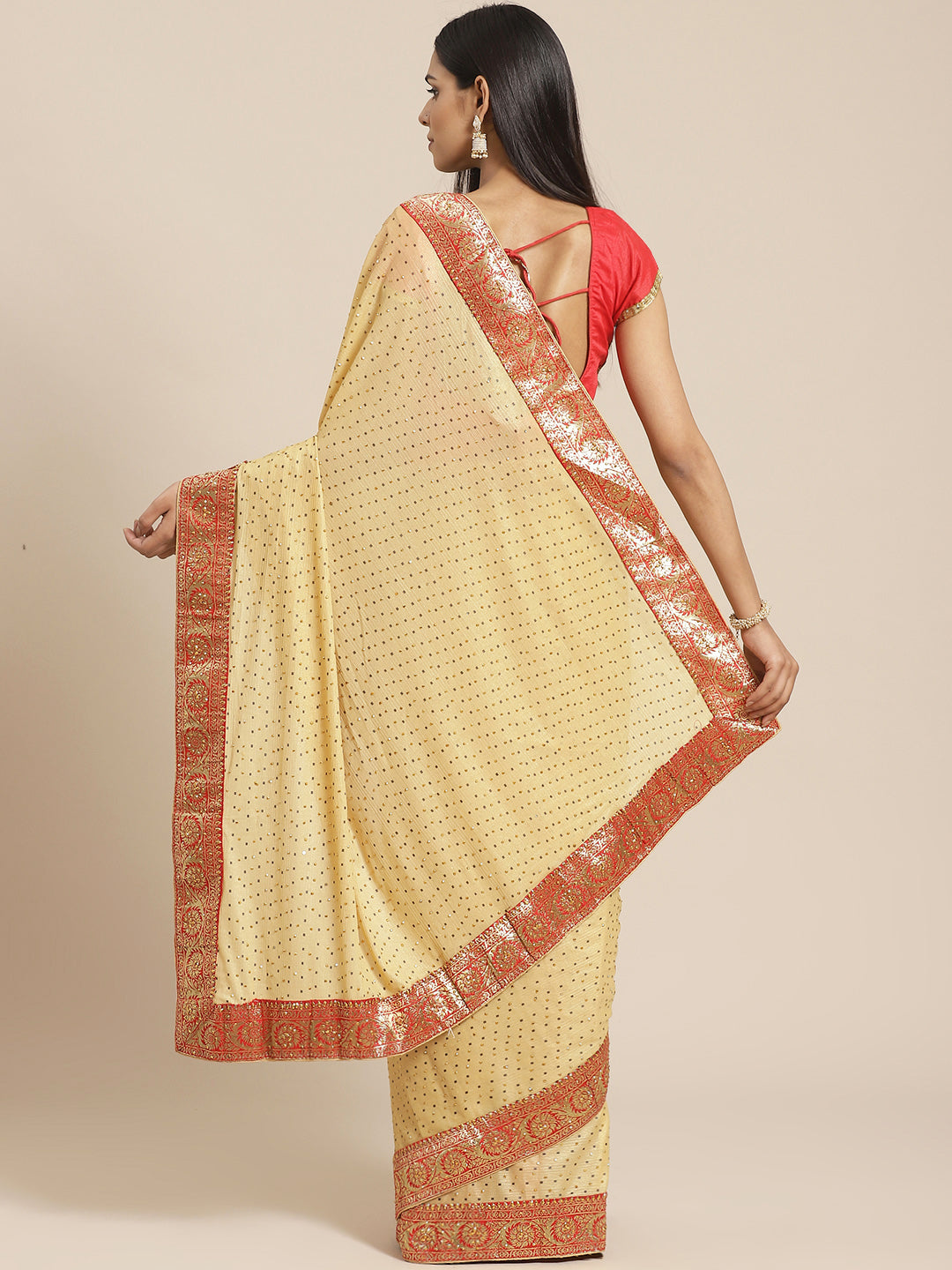Traditional Kundan Embellished Saree with Royal Contrast Brocade Border