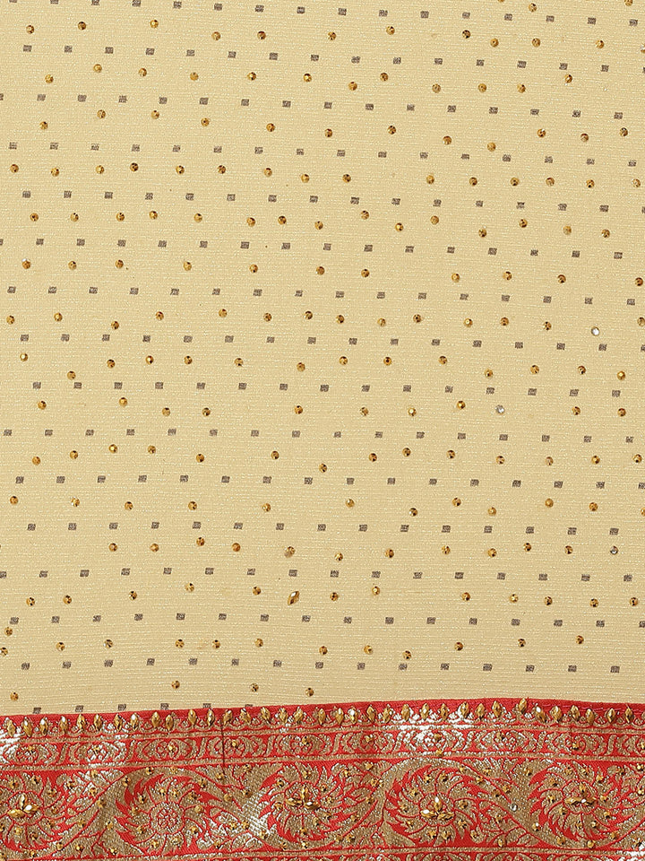 Traditional Kundan Embellished Saree with Royal Contrast Brocade Border
