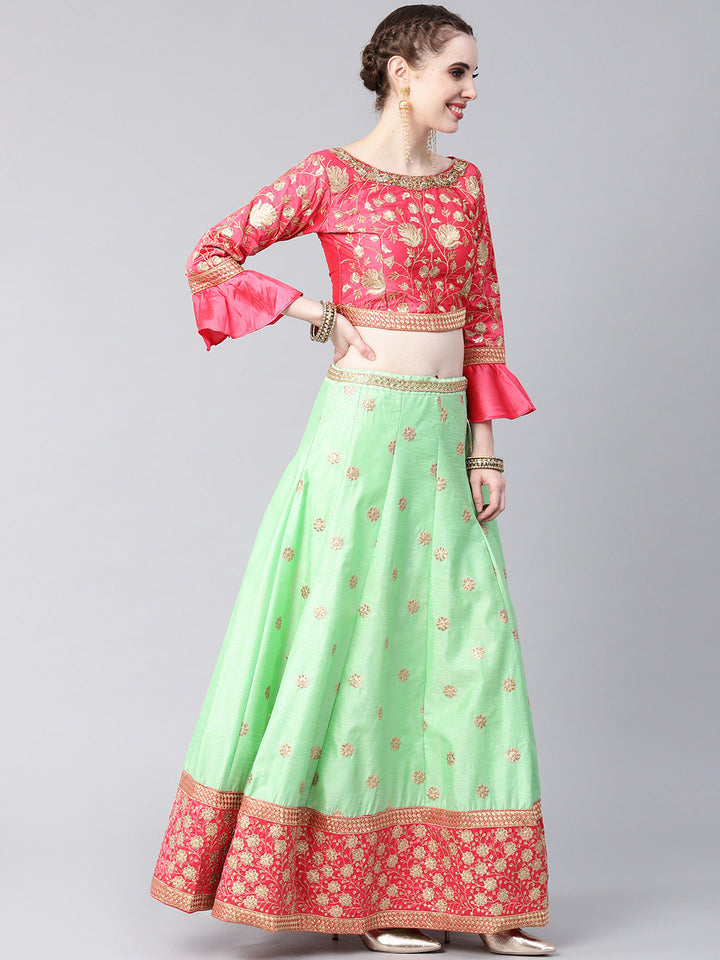 Embroidered Crop Top Lehenga Choli with Bell Sleeves
