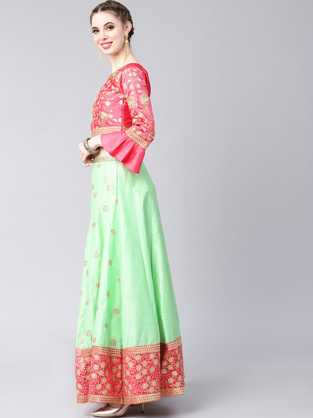 Embroidered Crop Top Lehenga Choli with Bell Sleeves