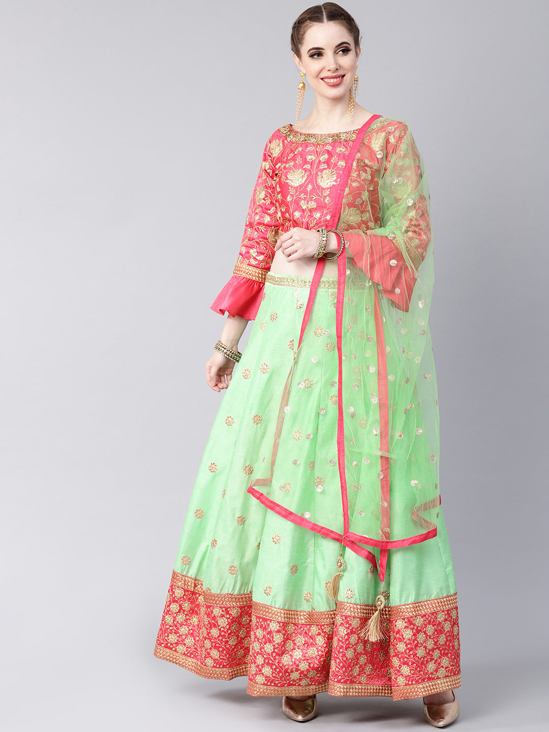Embroidered Crop Top Lehenga Choli with Bell Sleeves