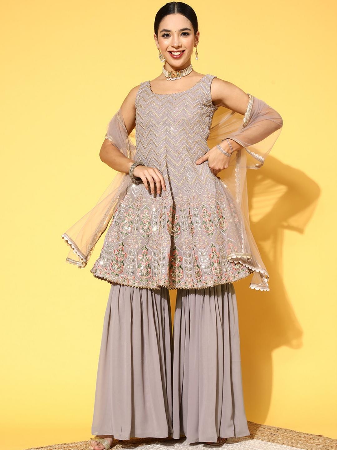 Chhabra 555 Nude Chevron Style Sequence Embroidery Peplum Kurta Sharara Set & Scalloped Dupatta