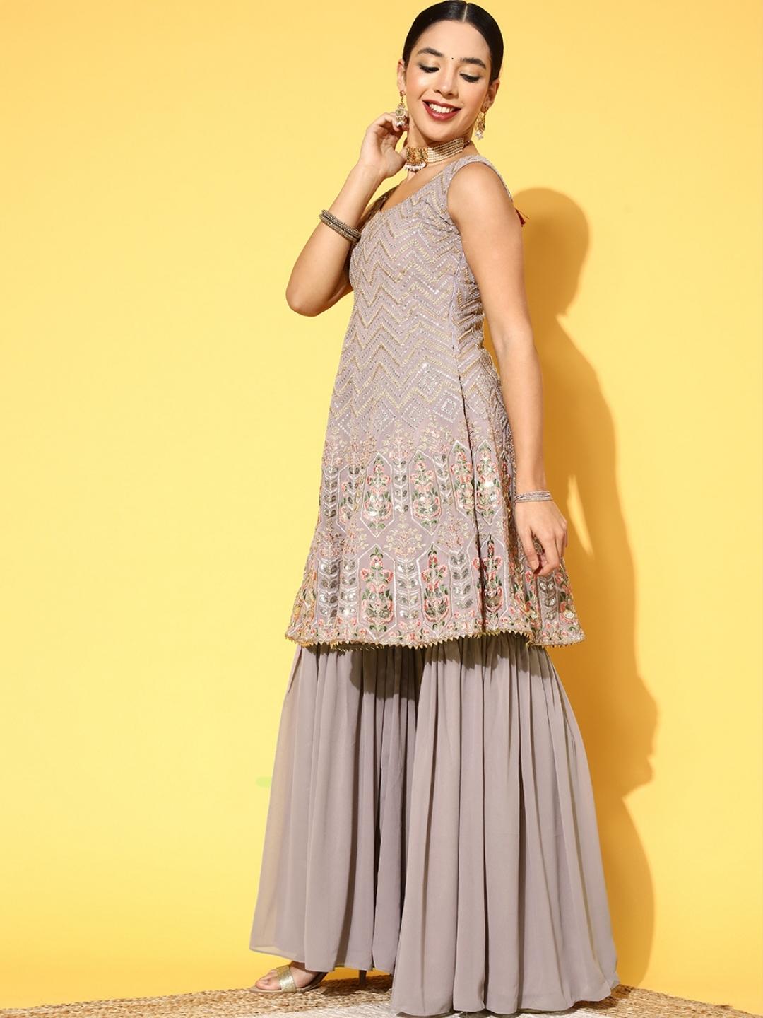 Chhabra 555 Nude Chevron Style Sequence Embroidery Peplum Kurta Sharara Set & Scalloped Dupatta