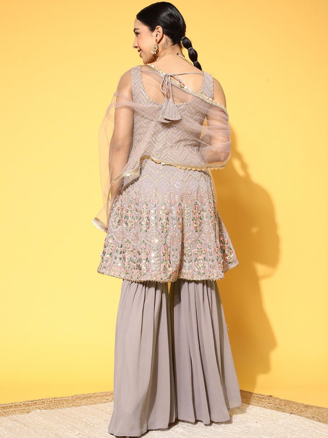 Chhabra 555 Nude Chevron Style Sequence Embroidery Peplum Kurta Sharara Set & Scalloped Dupatta