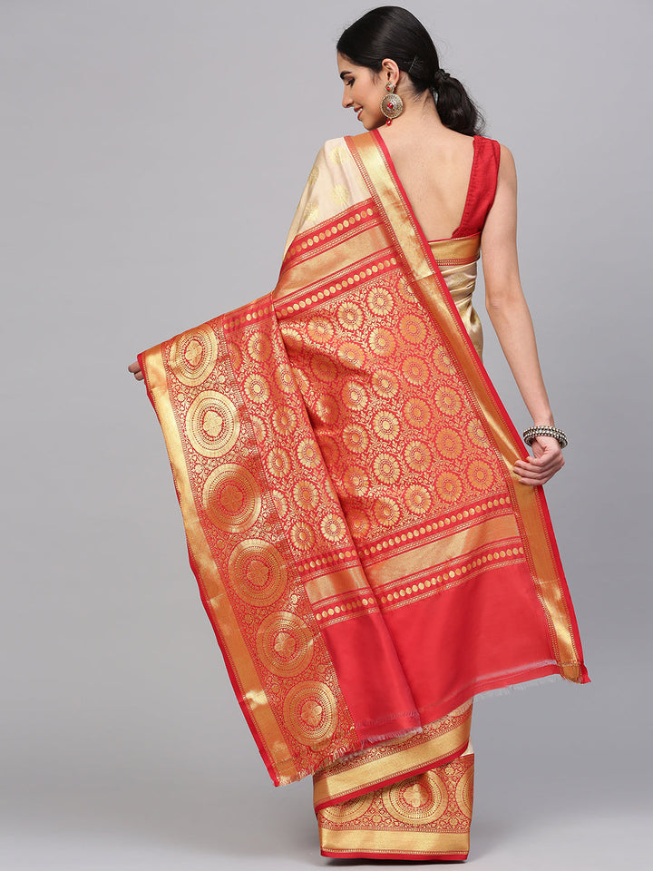 Bengali Style Silk Saree with Contrast Borders and Zari Weaving