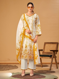 Cotton Floral Printed & Embroidered Unstitched Suit Dupatta in White & Mustard