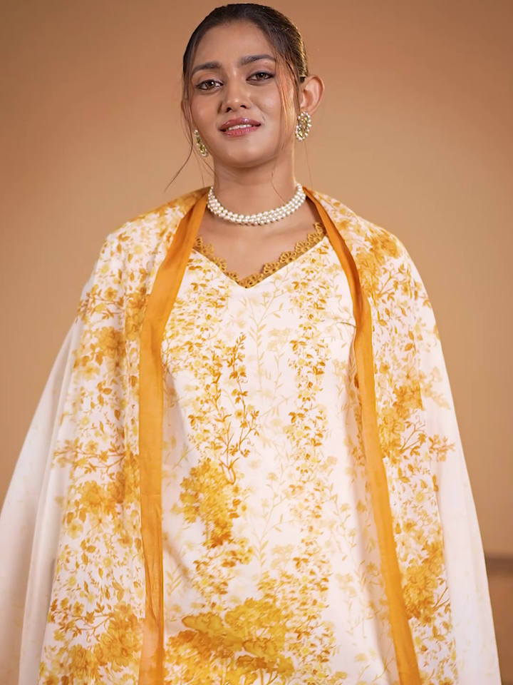Cotton Floral Printed & Embroidered Unstitched Suit Dupatta in White & Mustard
