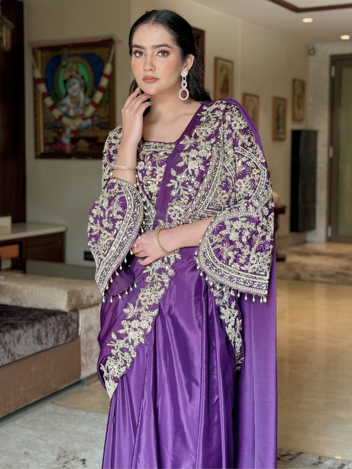 Mirror Embroidered Crop Top Skirt Set with Tasseled Stylized Shrug & Pre-draped Dupatta