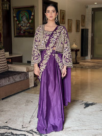 Mirror Embroidered Crop Top Skirt Set with Tasseled Stylized Shrug & Pre-draped Dupatta