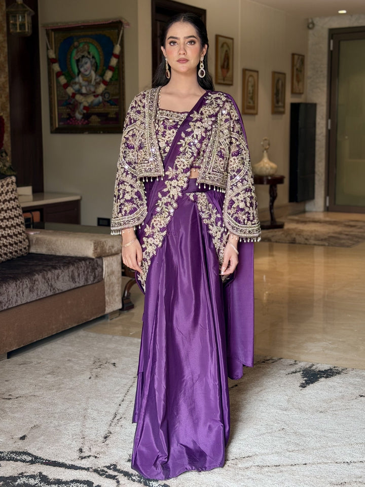 Mirror Embroidered Crop Top Skirt Set with Tasseled Stylized Shrug & Pre-draped Dupatta