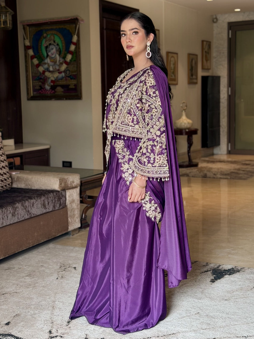 Mirror Embroidered Crop Top Skirt Set with Tasseled Stylized Shrug & Pre-draped Dupatta