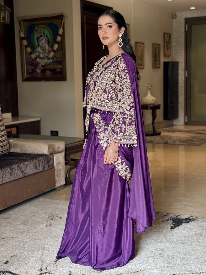 Mirror Embroidered Crop Top Skirt Set with Tasseled Stylized Shrug & Pre-draped Dupatta