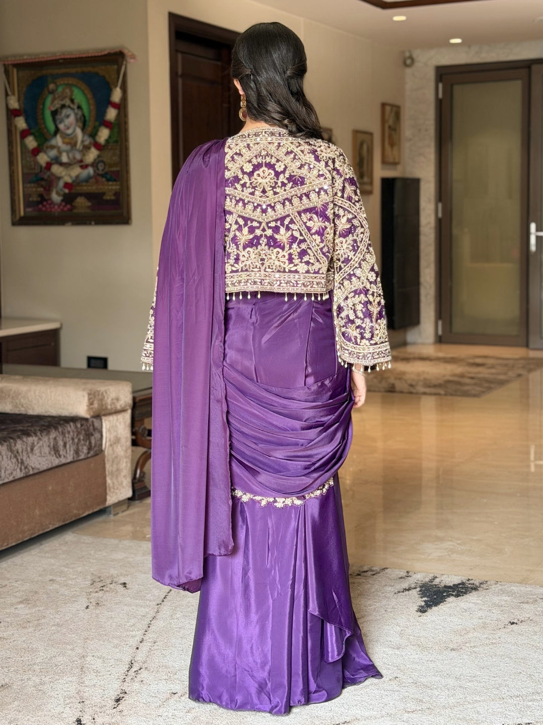 Mirror Embroidered Crop Top Skirt Set with Tasseled Stylized Shrug & Pre-draped Dupatta