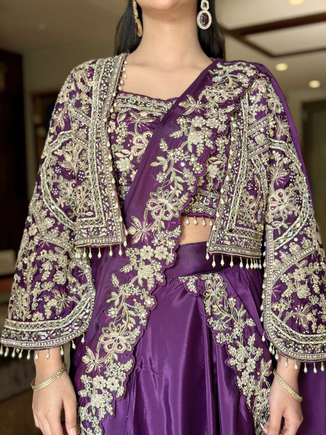 Mirror Embroidered Crop Top Skirt Set with Tasseled Stylized Shrug & Pre-draped Dupatta