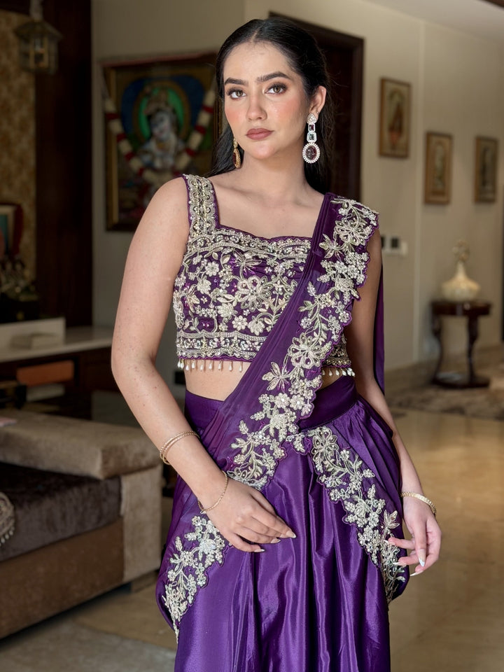 Mirror Embroidered Crop Top Skirt Set with Tasseled Stylized Shrug & Pre-draped Dupatta