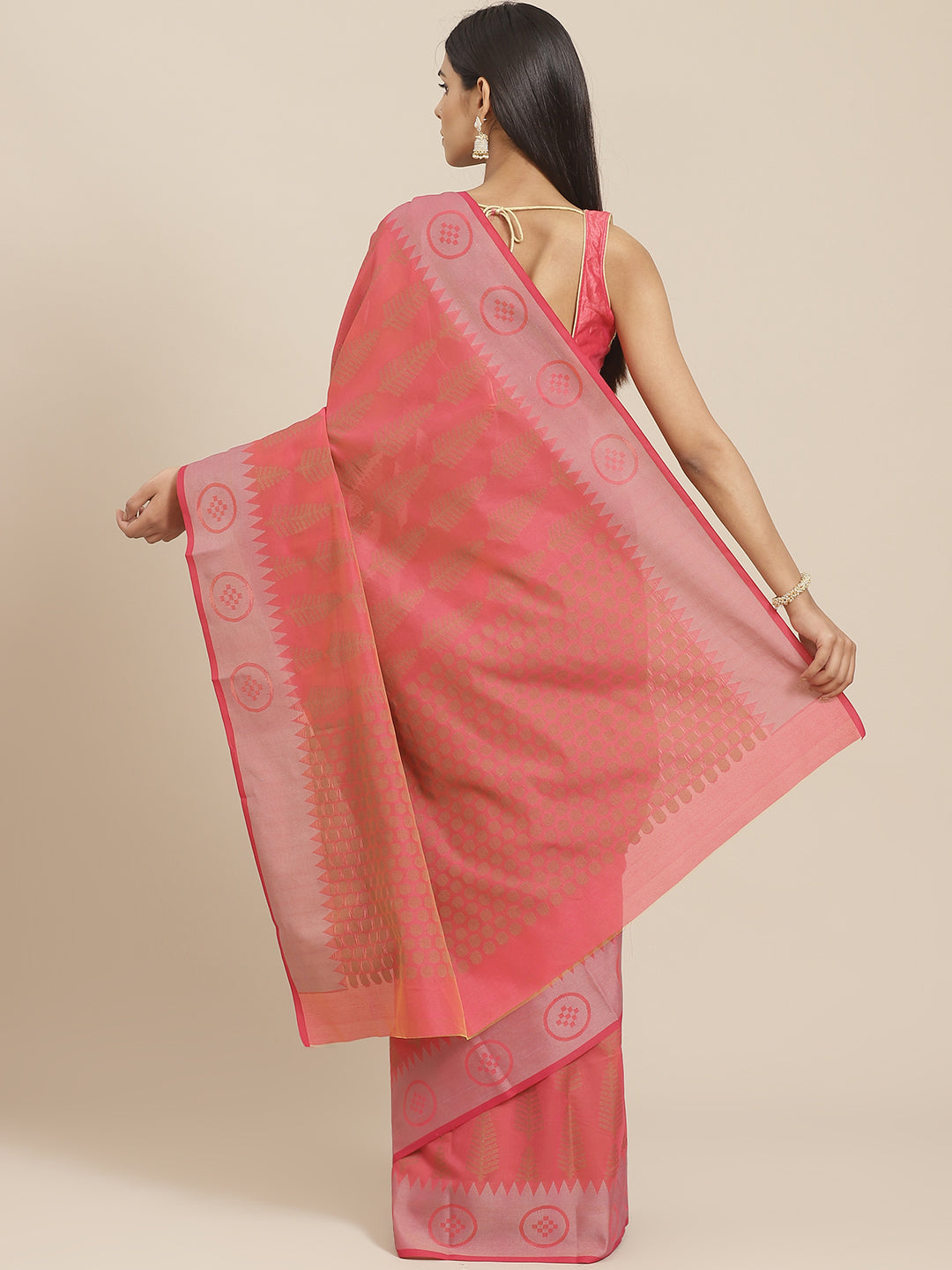 Handloom Chanderi Saree with Tropical woven patterns and a Temple style border