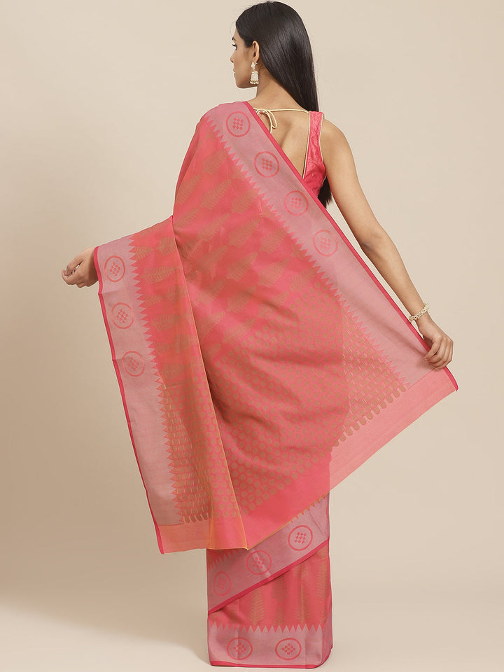 Handloom Chanderi Saree with Tropical woven patterns and a Temple style border