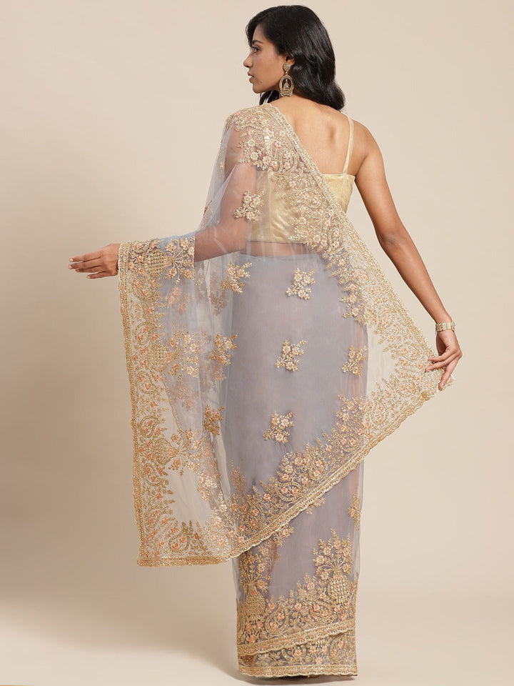 Chandni Grey Resham Embroidered Net Saree with Zari and Crystal Embellishments