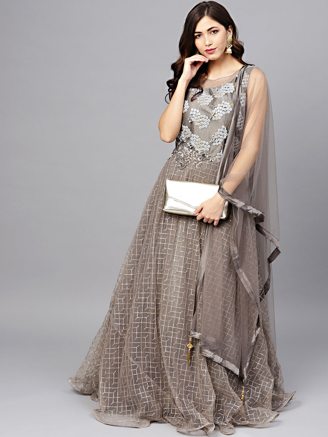 Flared Anarkali Gown with Zari, Resham Embroidery