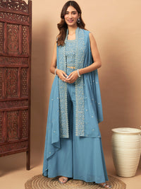 Chhabra 555 Zircon Embellished Festive Georgette Crop-Top Palazzo Set with Aari Embroidered Jacket