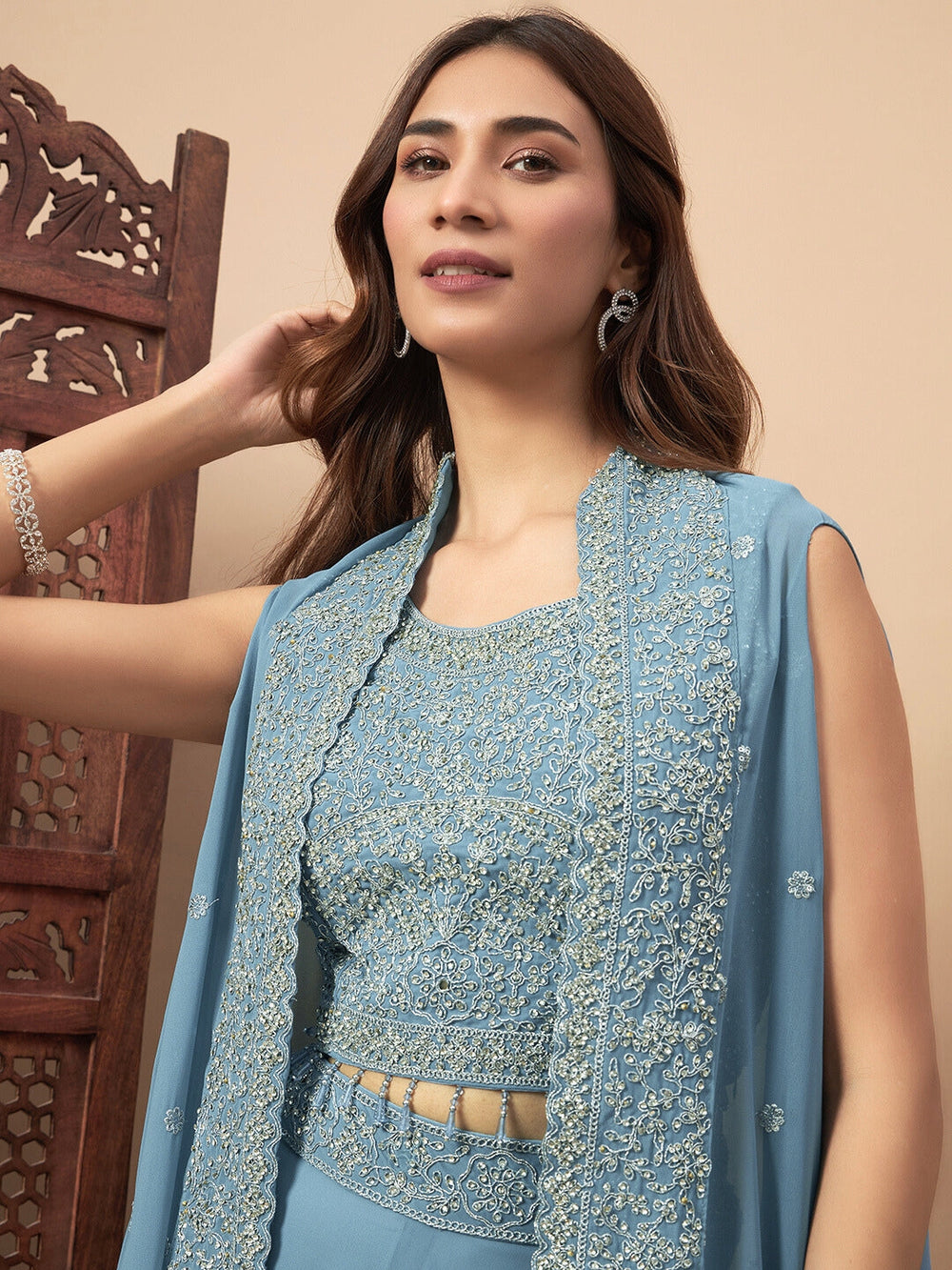 Chhabra 555 Zircon Embellished Festive Georgette Crop-Top Palazzo Set with Aari Embroidered Jacket