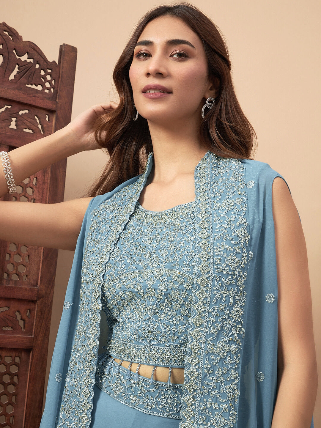 Chhabra 555 Zircon Embellished Festive Georgette Crop-Top Palazzo Set with Aari Embroidered Jacket