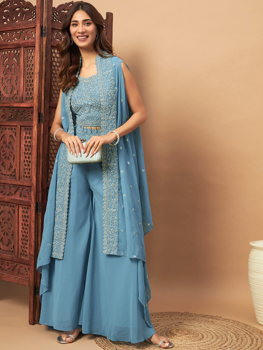 Chhabra 555 Zircon Embellished Festive Georgette Crop-Top Palazzo Set with Aari Embroidered Jacket