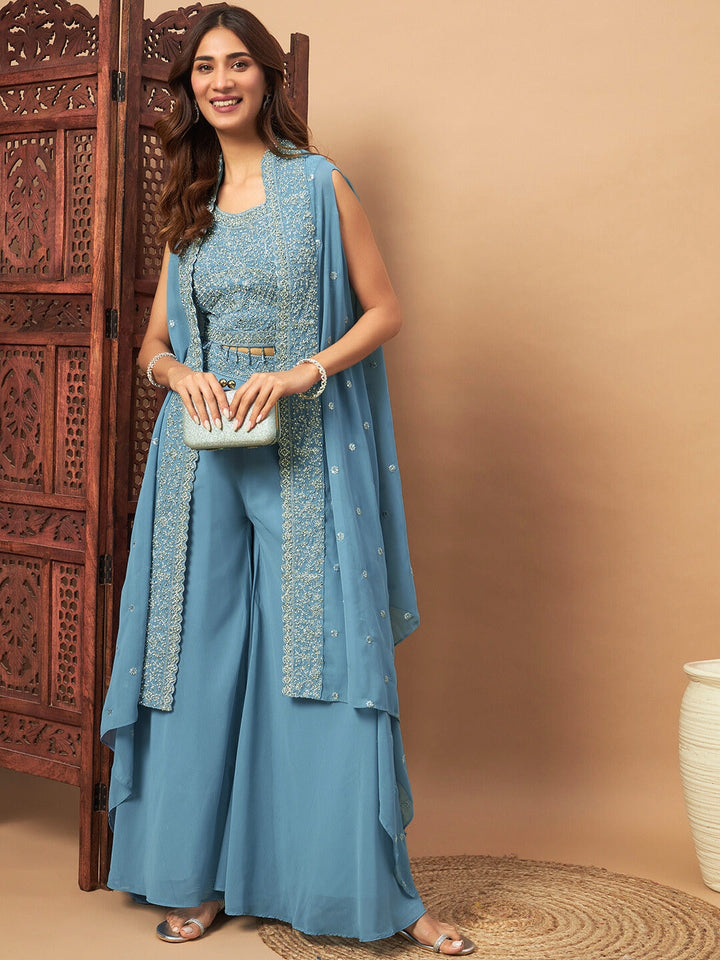 Chhabra 555 Zircon Embellished Festive Georgette Crop-Top Palazzo Set with Aari Embroidered Jacket