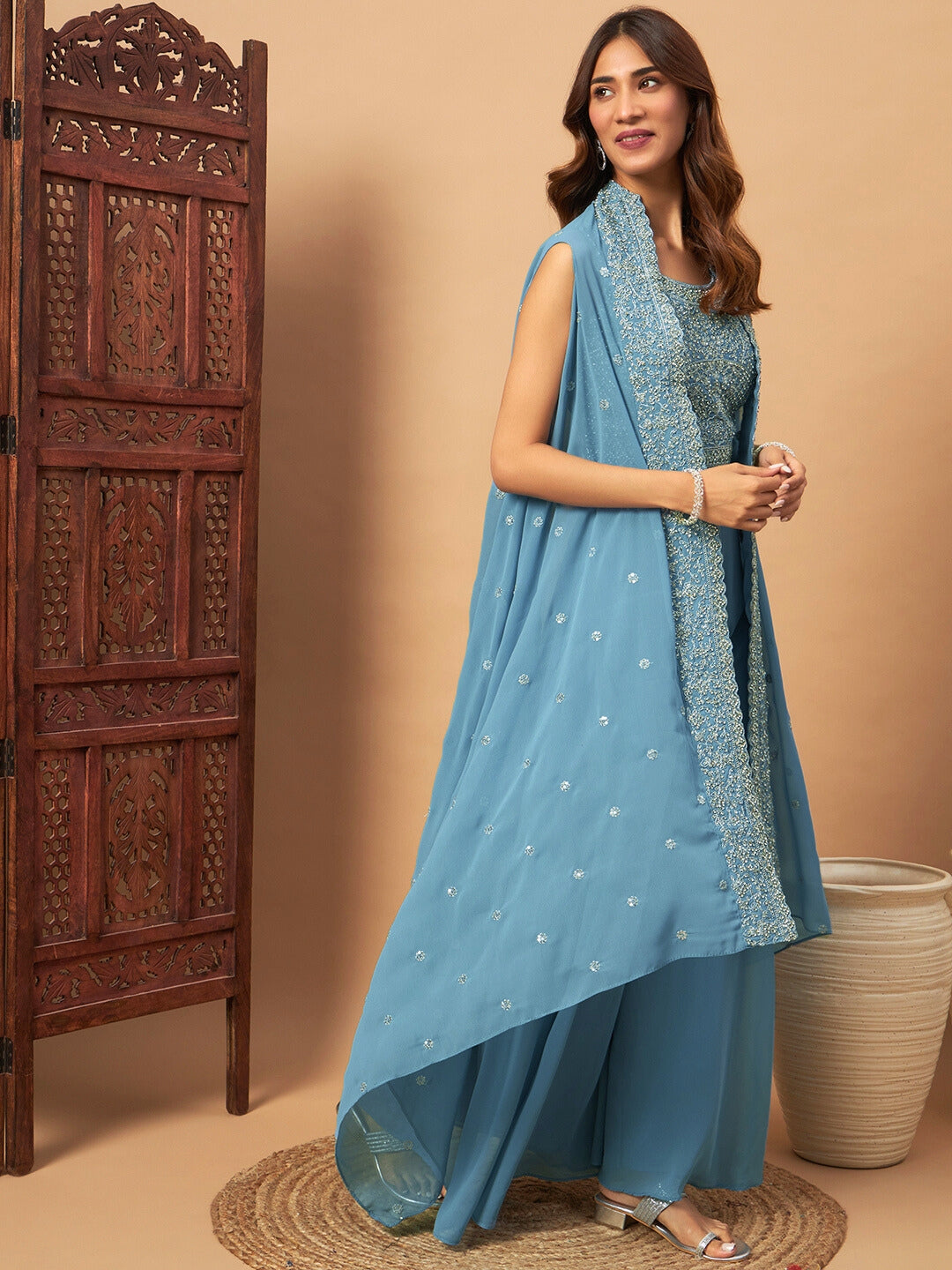 Chhabra 555 Zircon Embellished Festive Georgette Crop-Top Palazzo Set with Aari Embroidered Jacket