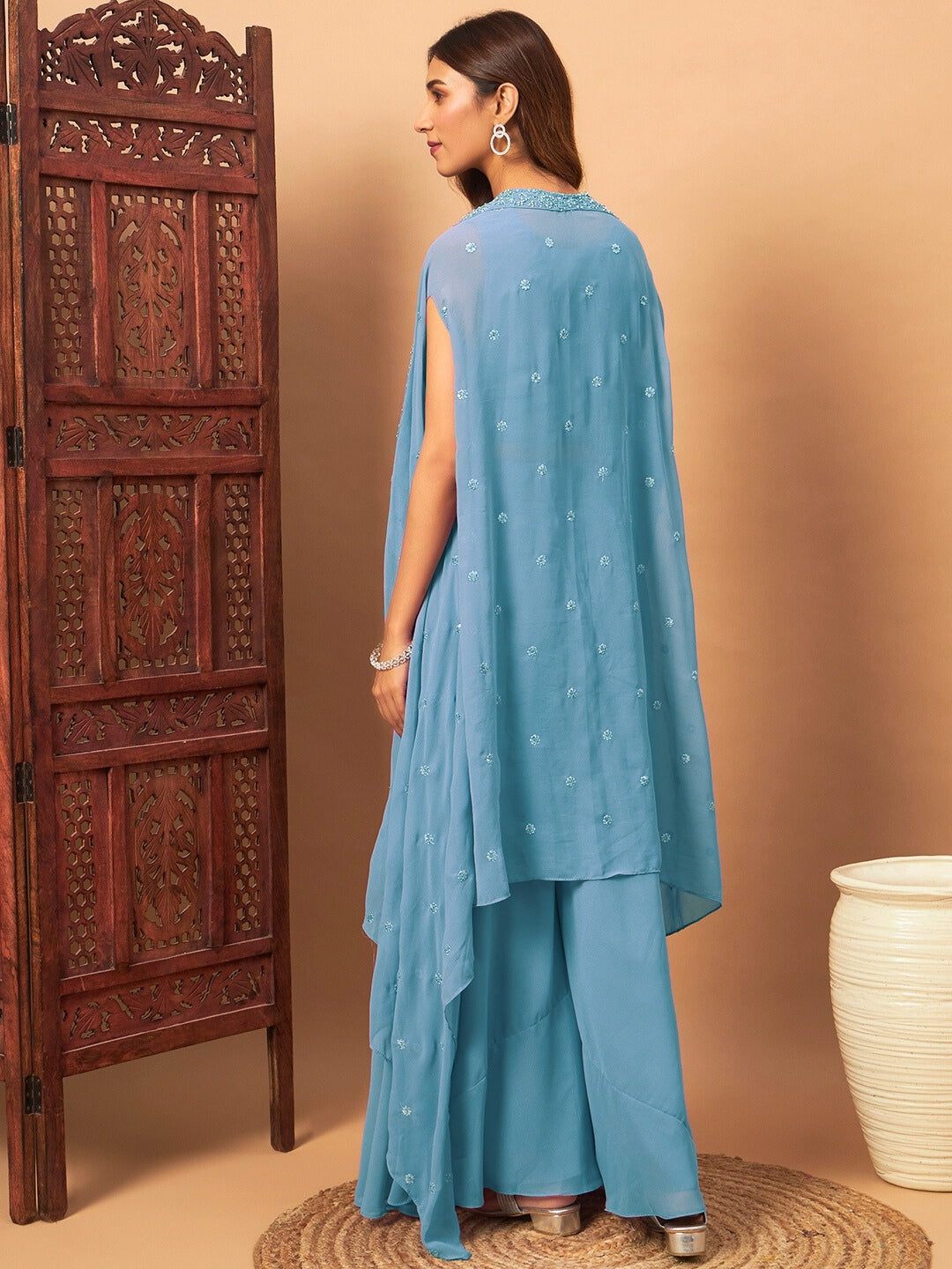 Chhabra 555 Zircon Embellished Festive Georgette Crop-Top Palazzo Set with Aari Embroidered Jacket