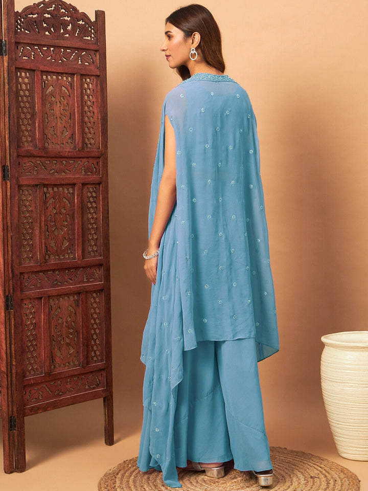 Chhabra 555 Zircon Embellished Festive Georgette Crop-Top Palazzo Set with Aari Embroidered Jacket
