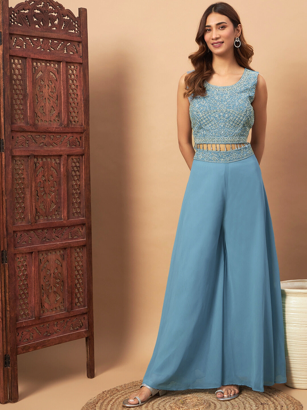 Chhabra 555 Zircon Embellished Festive Georgette Crop-Top Palazzo Set with Aari Embroidered Jacket