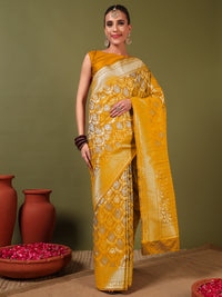 Traditional Banarasi Brocade Saree with Intricate Two-tone Gold Silver Zari woven Mughal Motifs